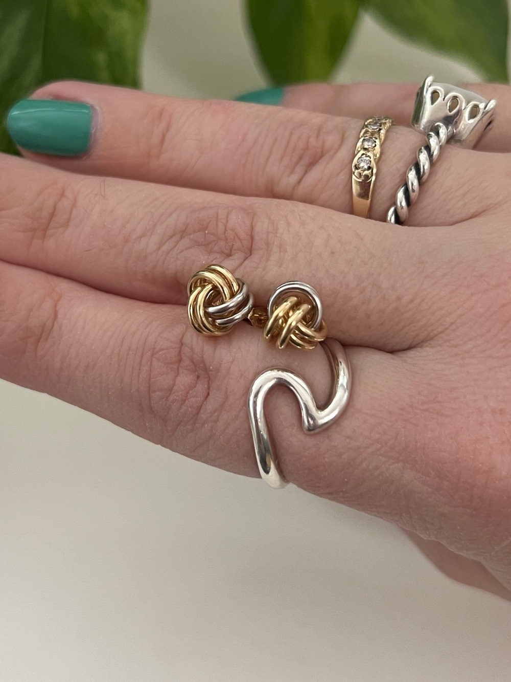 14K Gold Two Toned Interlocking Knot Stud Earrings, Real Yellow & White Gold - Picture 3 of 12